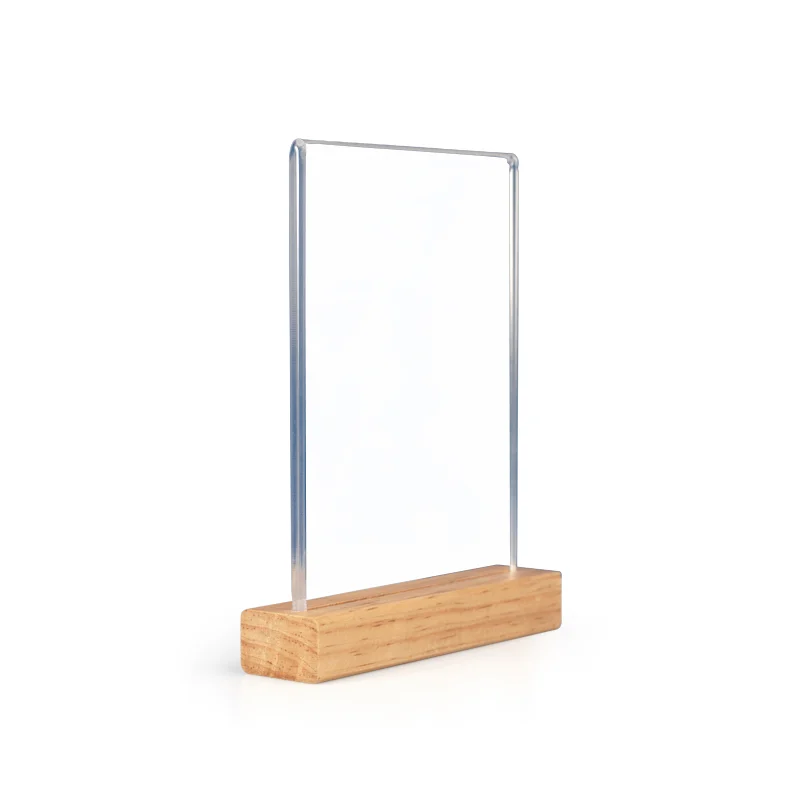 Porta menú con base de pino · ¼ carta — Acrílico