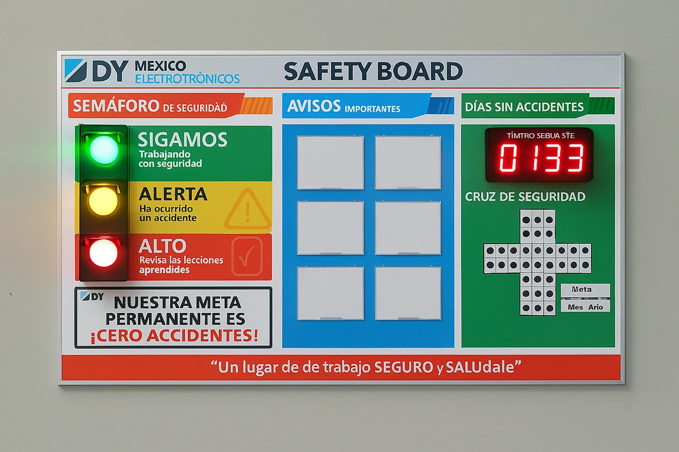 Tablero de Seguridad / Dias sin Accidentes 120 x 240 cm. Con Semáforo, Contador, Porta Hojas y Magnético
