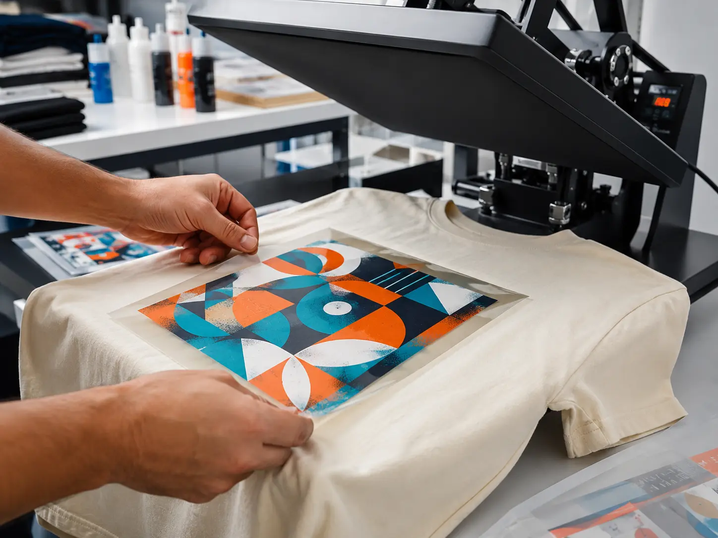 Transferencia DTF a color colocada sobre una playera con prensa térmica