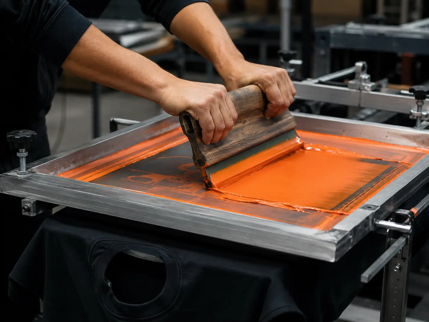 Aplicación de tinta naranja mediante serigrafía sobre una playera negra
