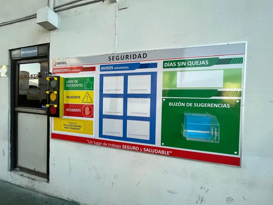 Pizarrón industrial de seguridad con semáforo y áreas de comunicación